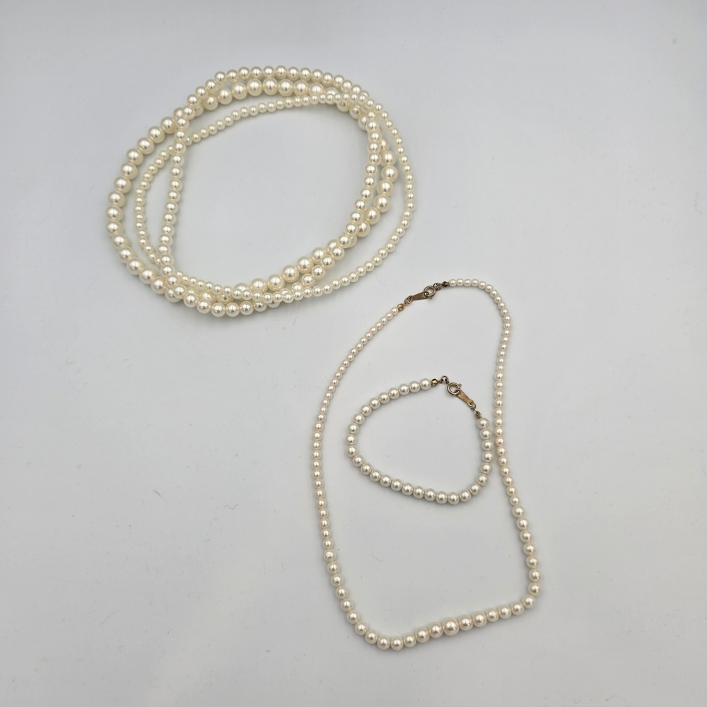 Vintage Style Faux Pearl Jewelry Set Multi Strand Necklace Bracelet Cream Gold